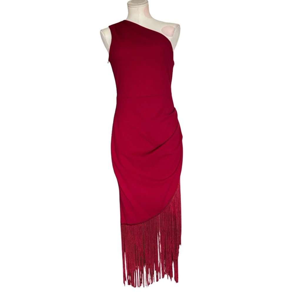 SHEIN Wine One-Shoulder Fringe Midi Dress - Picture 4 of 9